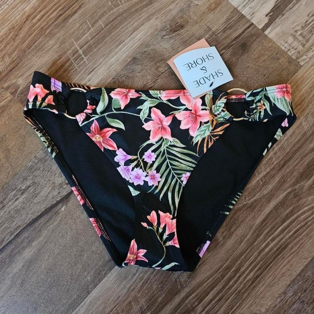 Shade & Shore Black Tropical Floral Bikini Bottom Gold Ring Low Rise Sm 4-6 NWT